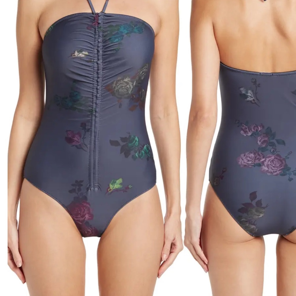 NEW Ganni Floral Ruched One Piece Swimsuit Fantom L
